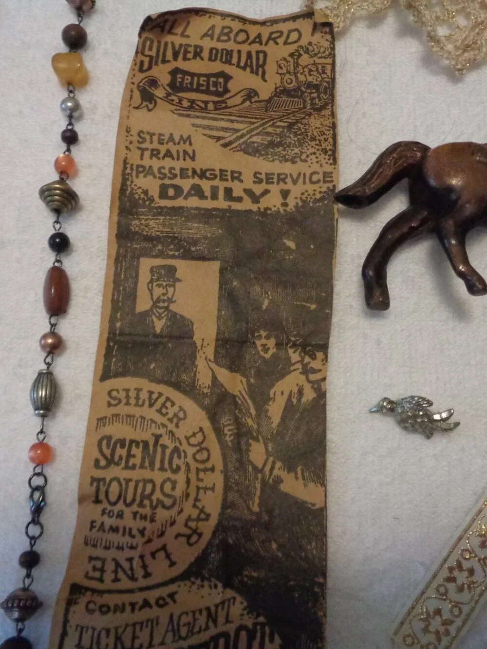 VINTAGE METAL HORSE OLD DOILYS LACE & RIBBON PLUS JEWELRY PARTS LOT